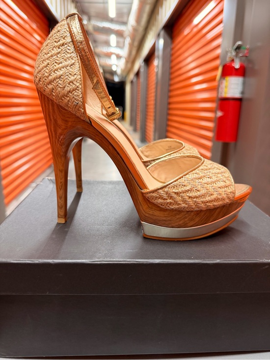 Pelle Moda Shoes - Pelle Moda Tan Woven Platform Peep Toe Heels